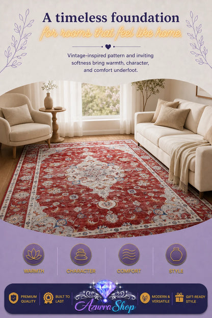 Red and beige tribal-pattern area rug in a bright living room with cream sofas and a window.