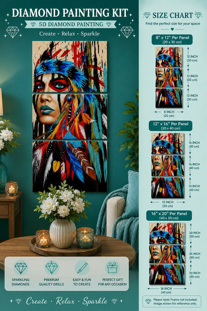 Three panel Native American woman diamond painting displayed on a teal wall above a table with candles and flowers, with a size chart showing 8 by 12 up to 16 by 20 inch per panel options | Azurra Shop