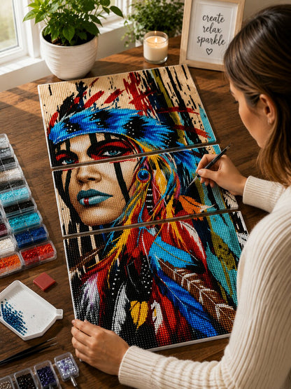 Woman placing diamonds on the three panel Native American woman canvas at a desk with diamond sorting trays | Azurra Shop
