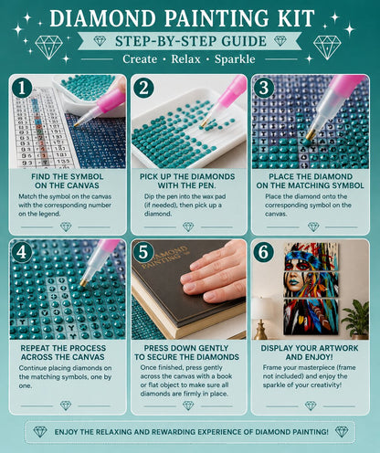Six step instructions for completing a diamond painting kit from finding the symbol to displaying the finished art | Azurra Shop