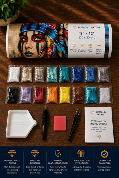 Diamond art kit supplies including rolled canvas, sorted diamond bags, applicator pen, tray, and tweezers | Azurra Shop