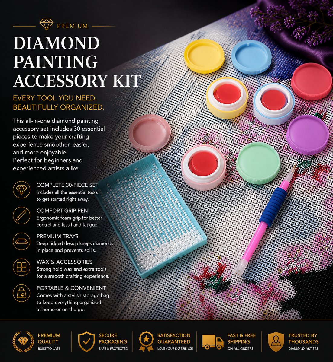 Round diamond painting wax containers in assorted colors on a canvas