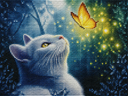 White Persian cat diamond painting kit close-up – fluffy white Persian cat with bright eyes gazing at a delicate butterfly, soft blurred background, sparkling full drill 5D resin diamond texture — Azurra Shop
