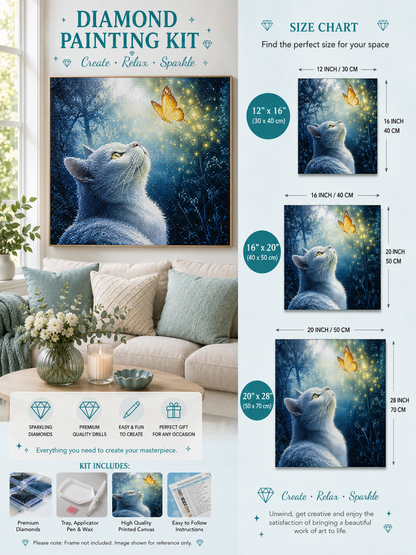Tabby cat and butterfly diamond painting kit size chart – White Persian design, 3 sizes shown 12" x 16", 16" x 20", 20" x 28", framed finished white cat art displayed on living room wall, premium sparkling diamonds — Azurra Shop
