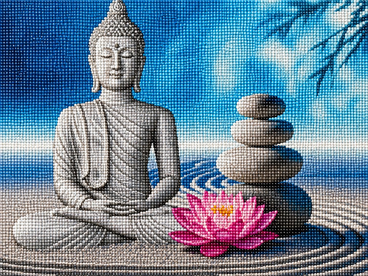 Close up of the finished pink lotus Buddha diamond painting with sparkling drills