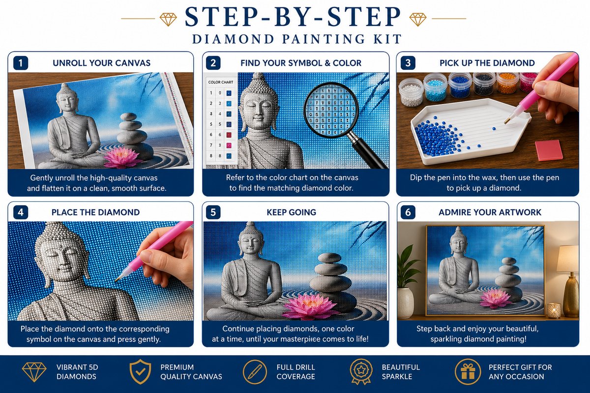 Step by step guide showing how to complete the pink lotus Buddha diamond painting