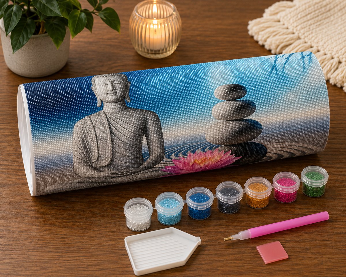 Supplies laid out for the pink lotus Buddha diamond painting kit