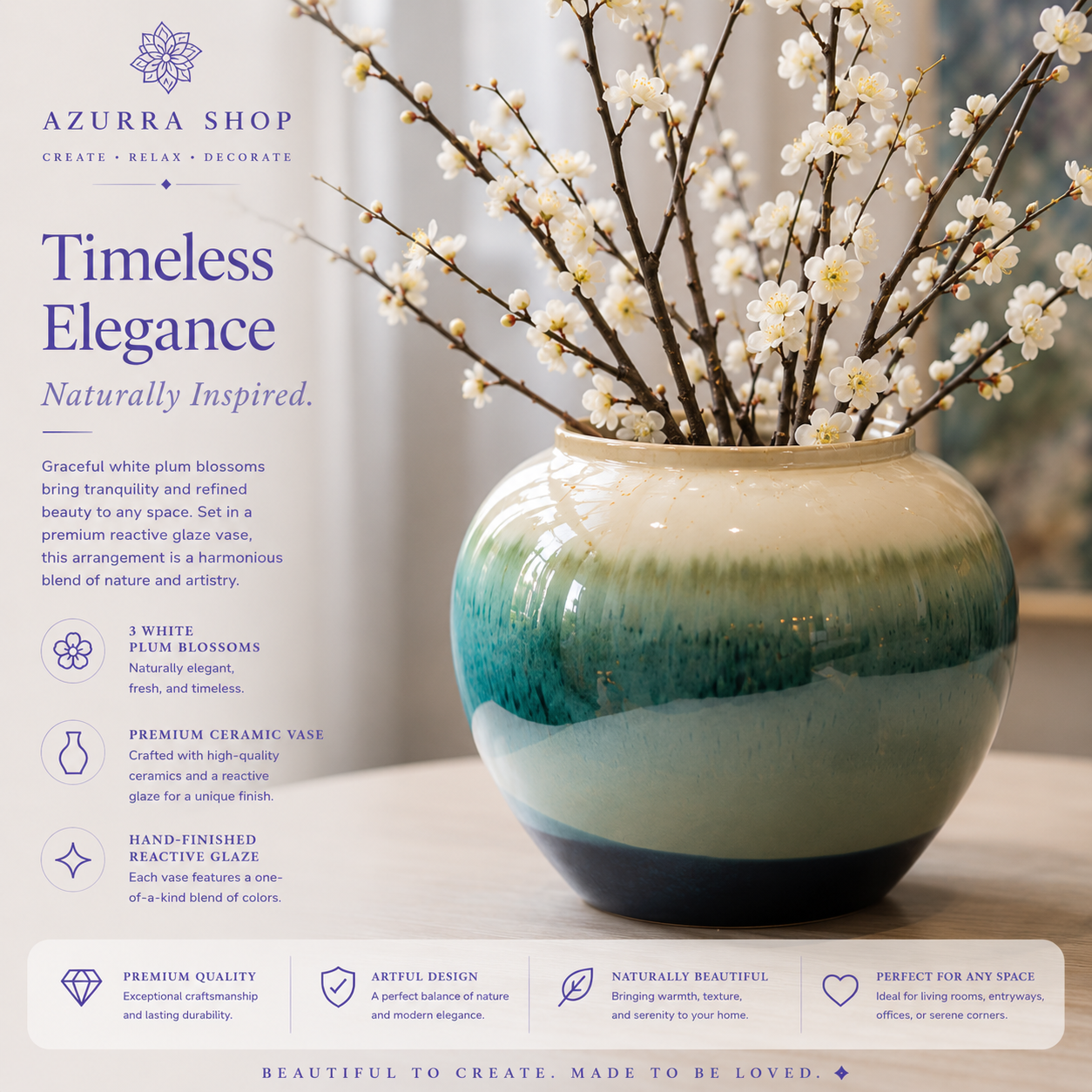 Close-up of white plum blossom branches and buds in hand-finished cream to teal reactive glaze ceramic vase — Azurra Shop
