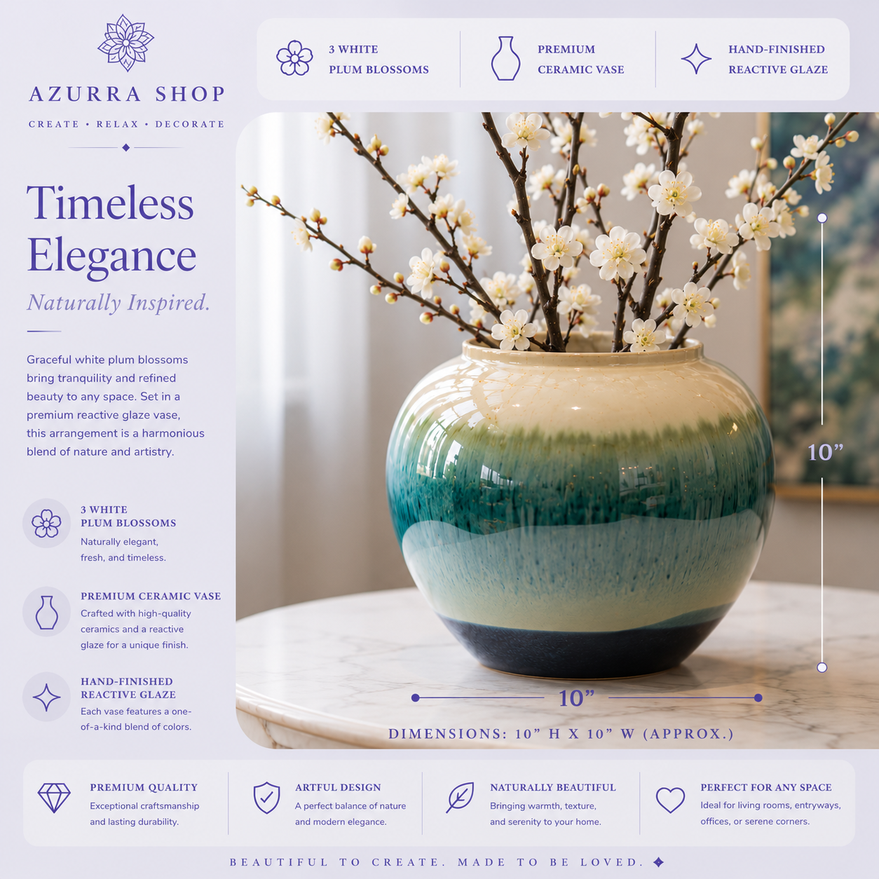 White plum blossom ceramic vase dimensions 10" H x 10" W with reactive glaze finish highlights — Azurra Shop
