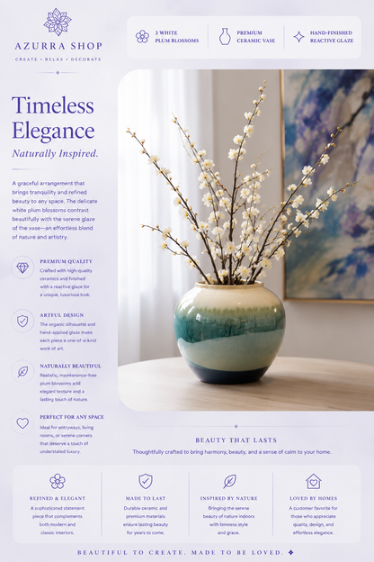 White plum blossom branches in cream to teal reactive glaze ceramic vase on marble table — Azurra Shop
