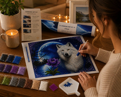 Working on the white wolf kit at a warm wooden table with drills, a candle, and fairy lights | Azurra Shop