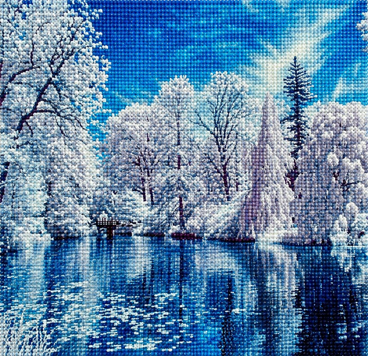 Close up of the finished winter frost forest river diamond painting with sparkling drills | Azurra Shop
