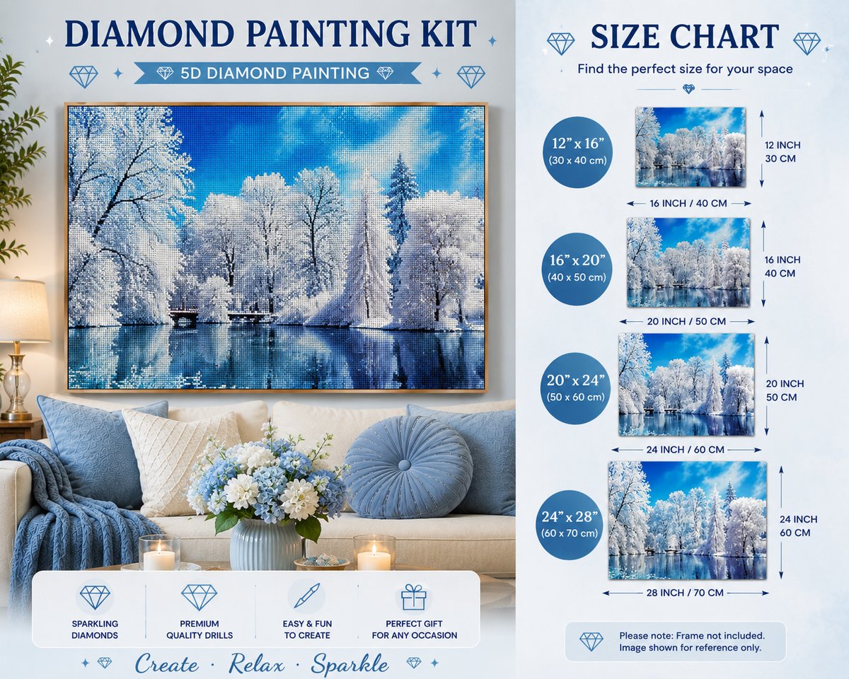 Framed winter frost forest river diamond painting displayed in a cozy living room | Azurra Shop