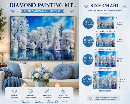 Framed winter frost forest river diamond painting displayed in a cozy living room | Azurra Shop