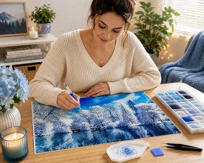 Working on the winter frost forest river kit at a cozy desk with drill tools nearby | Azurra Shop