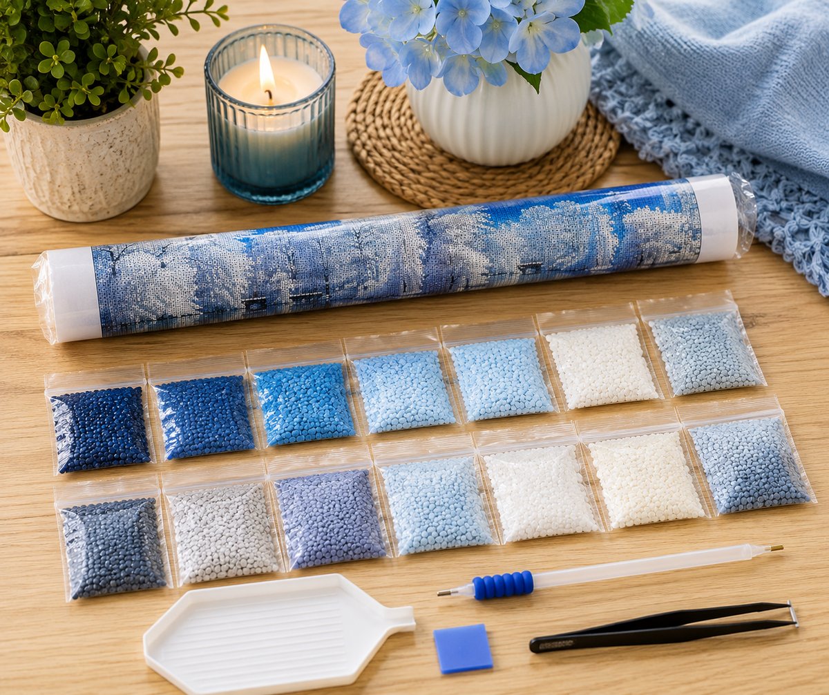 Rolled canvas and supplies for the winter frost forest river kit, including drill packets, applicator pen, and wax pad | Azurra Shop