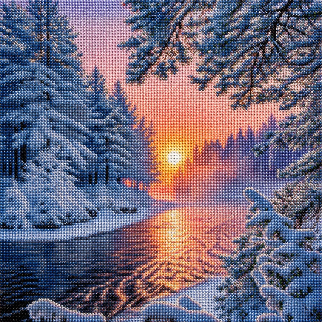Close up of the finished winter sunset river diamond painting with sparkling drills | Azurra Shop
