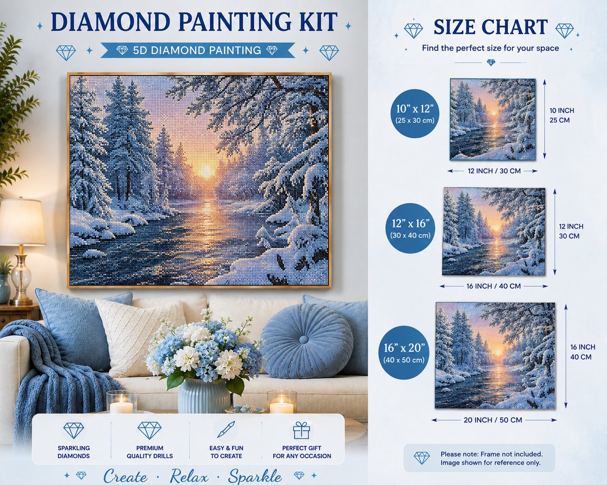 Framed winter sunset river diamond painting displayed in a cozy living room | Azurra Shop