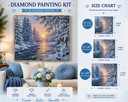 Framed winter sunset river diamond painting displayed in a cozy living room | Azurra Shop