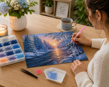 Working on the winter sunset river kit at a cozy desk with drill tools nearby | Azurra Shop