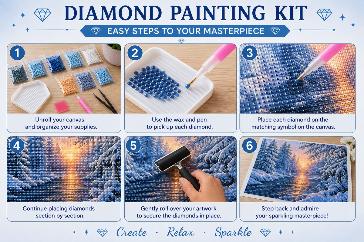 Step by step guide showing how to complete the winter sunset river diamond painting | Azurra Shop