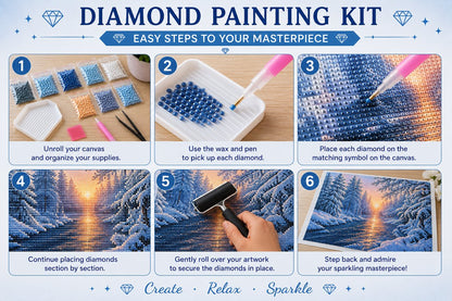 Step by step guide showing how to complete the winter sunset river diamond painting | Azurra Shop