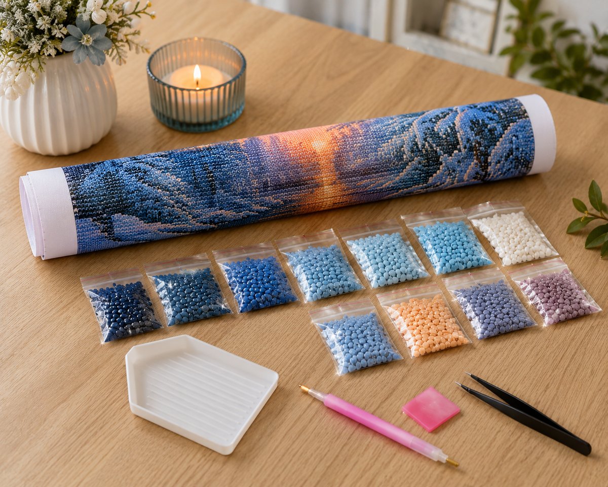 Rolled canvas and supplies for the winter sunset river kit, including drill packets, applicator pen, and wax pad | Azurra Shop
