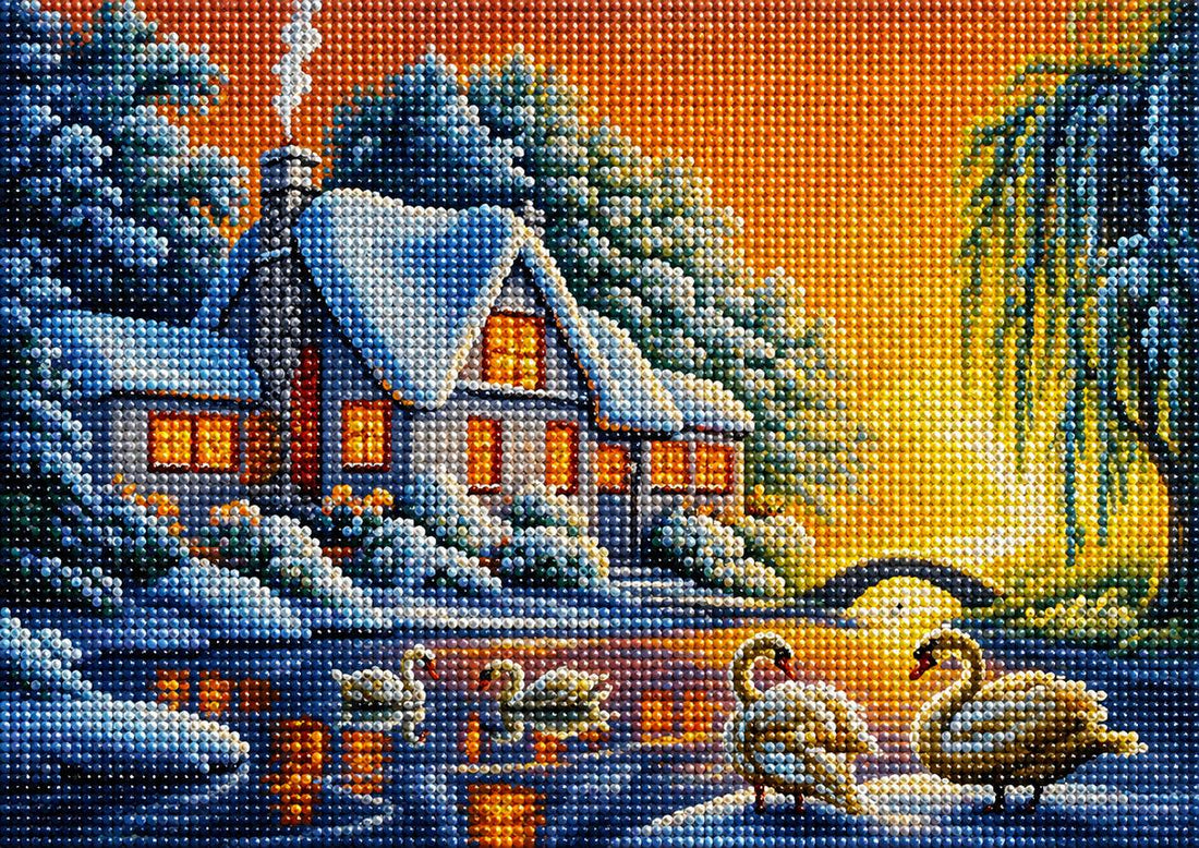 Close up of the finished winter swan cottage diamond painting with sparkling drills | Azurra Shop