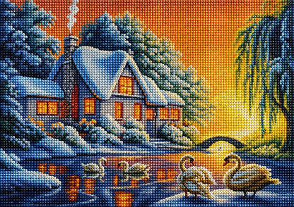 Close up of the finished winter swan cottage diamond painting with sparkling drills | Azurra Shop