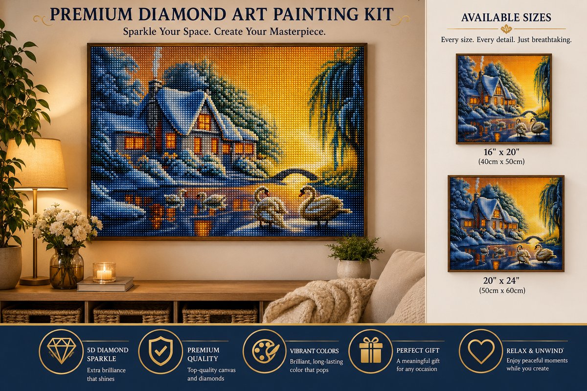Framed winter swan cottage diamond painting displayed above a sideboard with available sizes shown | Azurra Shop
