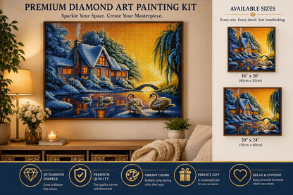 Framed winter swan cottage diamond painting displayed above a sideboard with available sizes shown | Azurra Shop