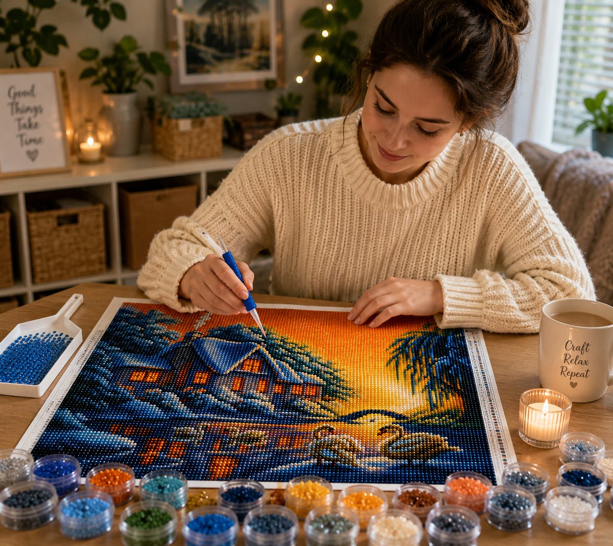 Working on the winter swan cottage kit at a warm wooden desk with drill jars, a candle, and a mug | Azurra Shop