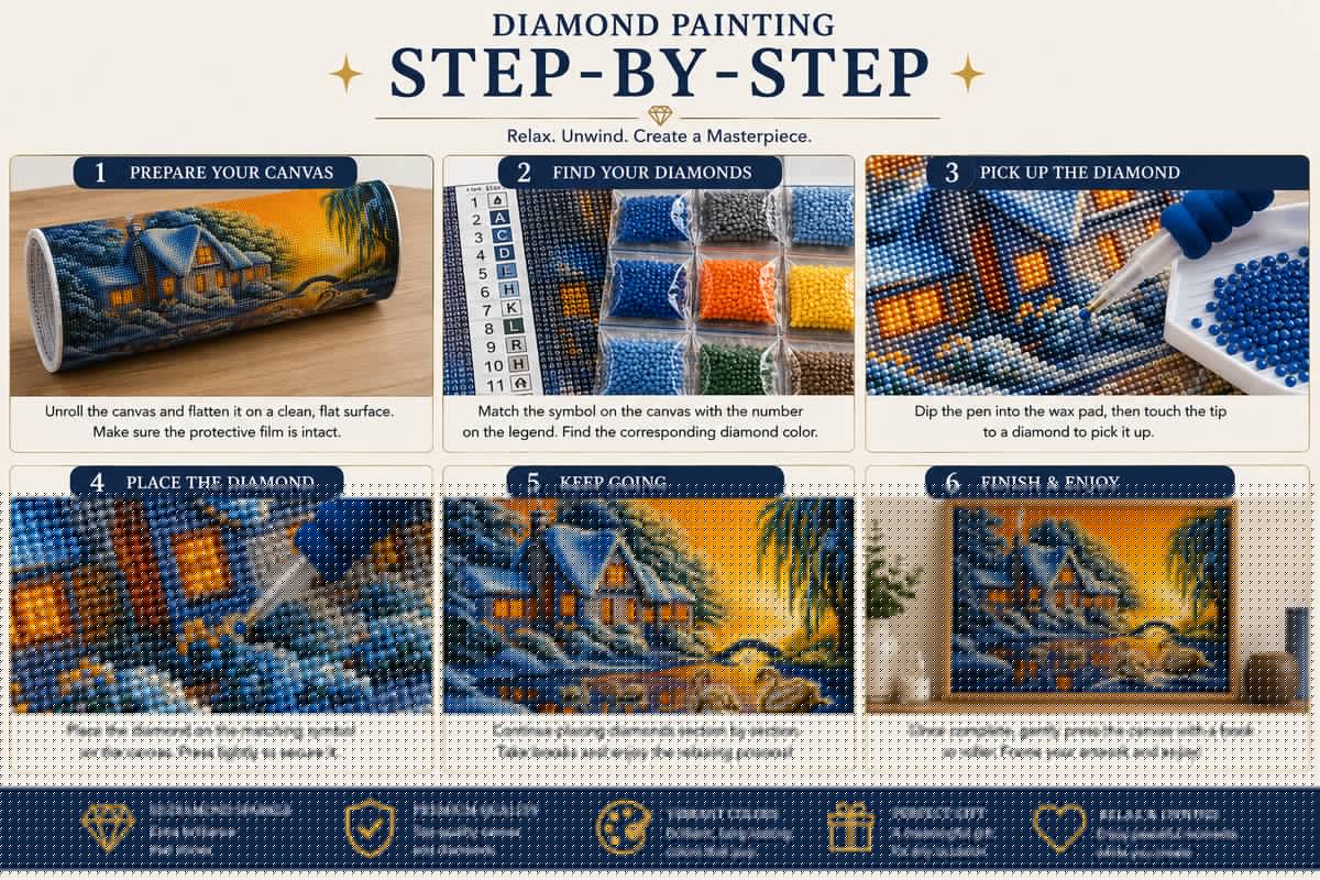 Six step guide showing how to complete the winter swan cottage diamond painting | Azurra Shop