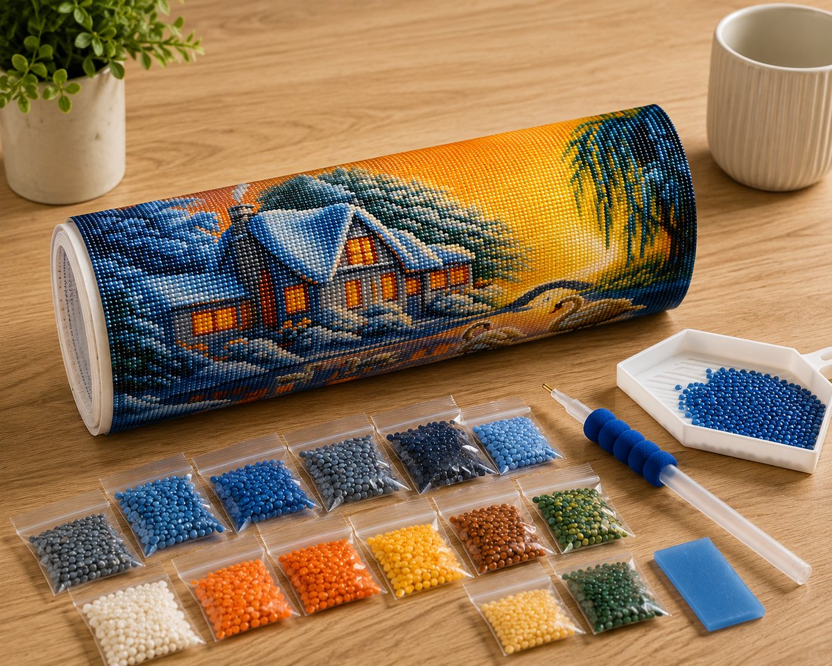 Rolled canvas and supplies for the winter swan cottage kit, including drill bags, applicator pen, sorting tray, and wax pad | Azurra Shop