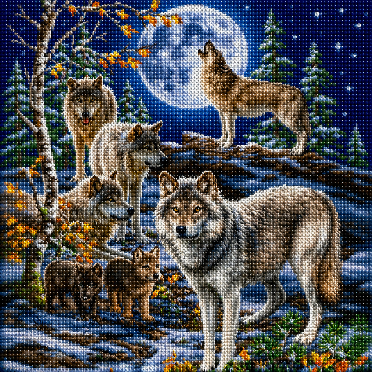 Wolf pack and full moon winter forest diamond painting kit – six wolves gathered in a snowy forest clearing beneath a glowing full moon, one wolf howling from a log, golden autumn berries and pine trees, sparkling full drill 5D resin diamond texture — Azurra Shop
