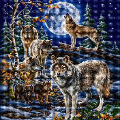 Wolf pack and full moon winter forest diamond painting kit – six wolves gathered in a snowy forest clearing beneath a glowing full moon, one wolf howling from a log, golden autumn berries and pine trees, sparkling full drill 5D resin diamond texture — Azurra Shop
