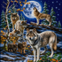 Wolf pack and full moon winter forest diamond painting kit – six wolves gathered in a snowy forest clearing beneath a glowing full moon, one wolf howling from a log, golden autumn berries and pine trees, sparkling full drill 5D resin diamond texture — Azurra Shop
