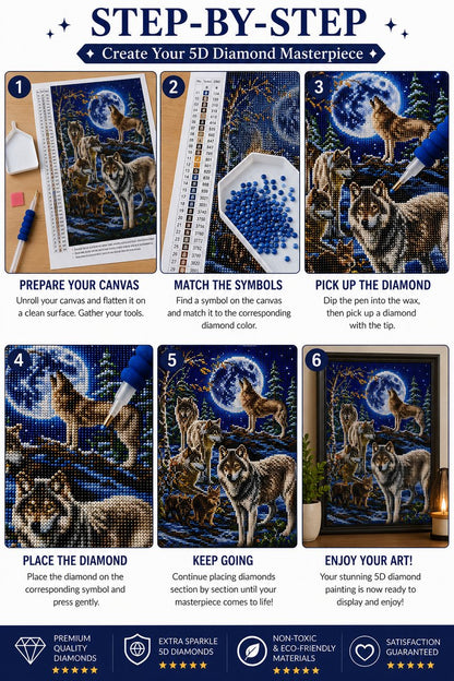 Six step guide showing how to complete the wolf pack diamond painting | Azurra Shop