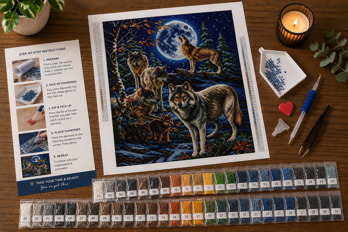 Rolled canvas and supplies for the wolf pack kit, including drill packets, applicator pen, tray, and wax pad | Azurra Shop