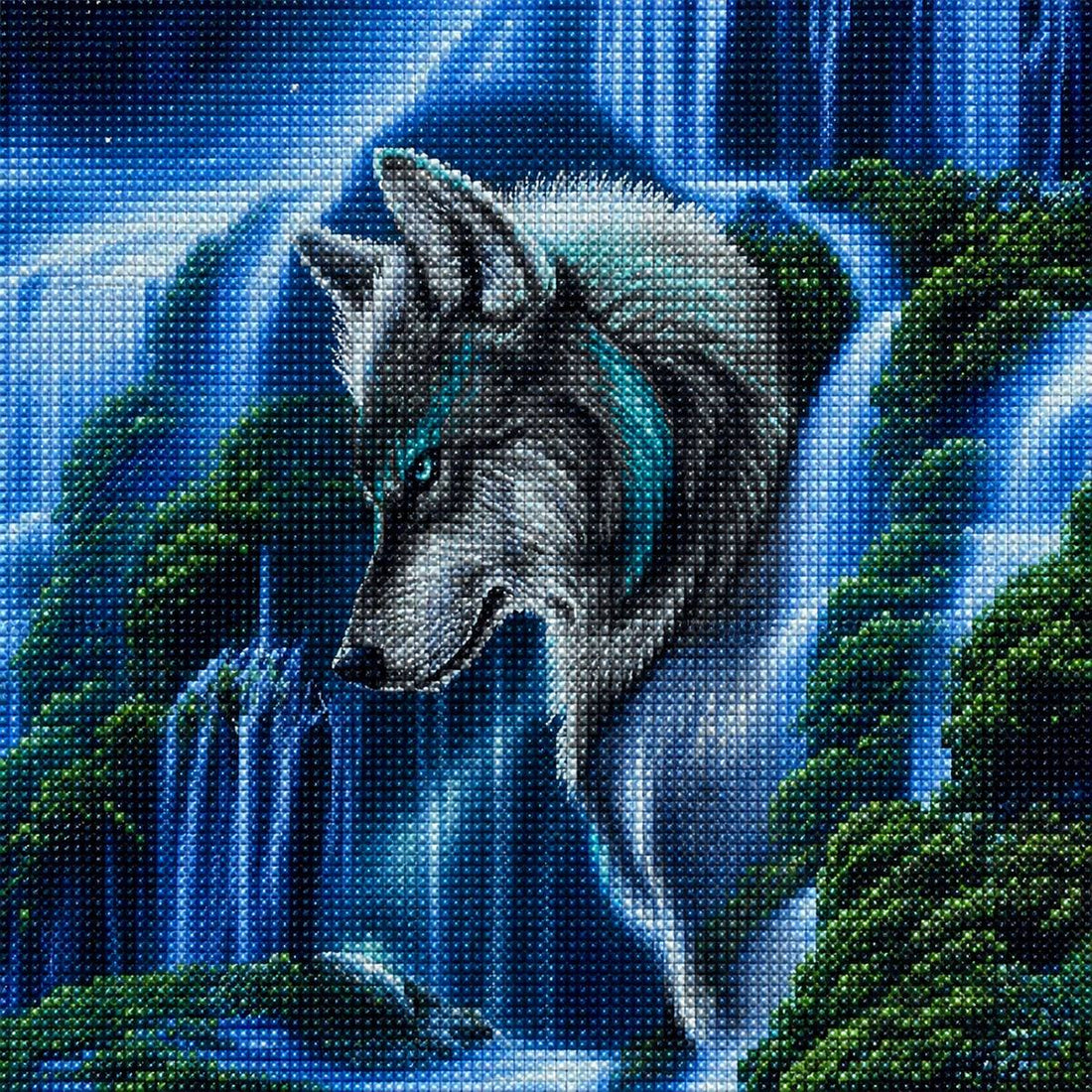 Close up of the finished mystical wolf and waterfall diamond painting | Azurra Shop