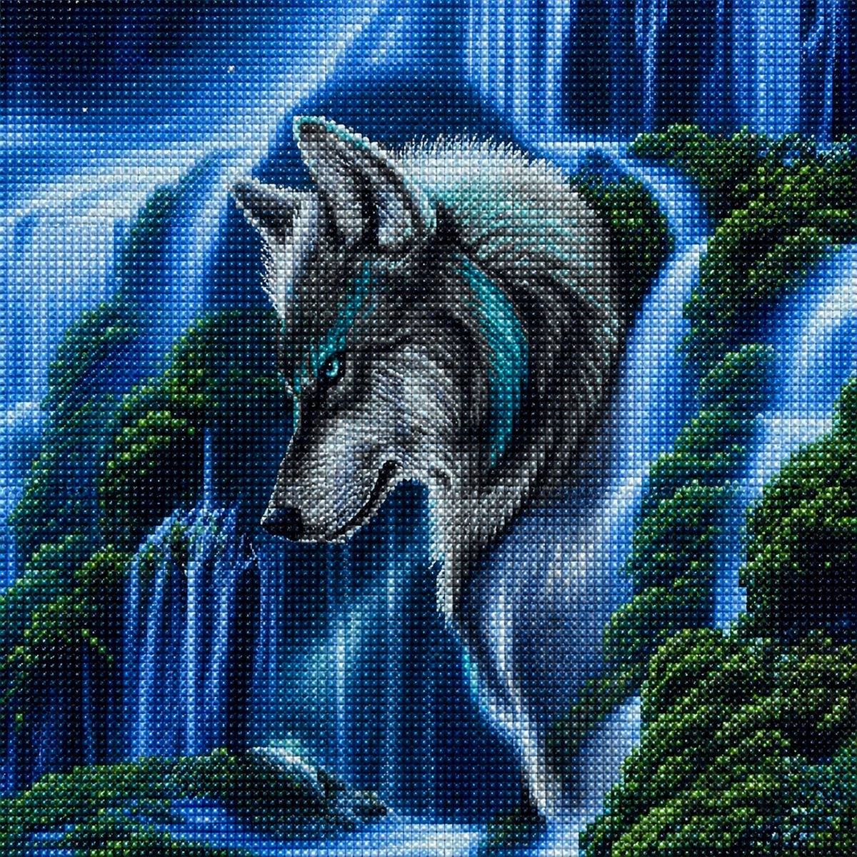 Close up of the finished mystical wolf and waterfall diamond painting | Azurra Shop