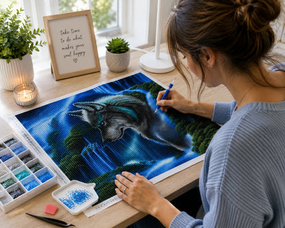Working on the mystical wolf kit at a bright craft desk with drill organizer, tweezers, and a candle | Azurra Shop