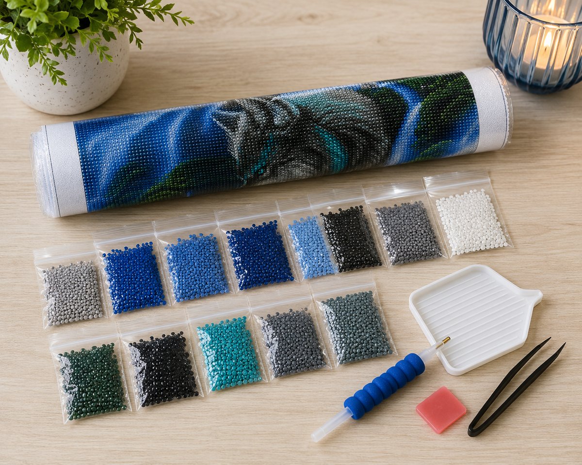 Rolled canvas and supplies for the mystical wolf kit, including drill packets, applicator pen, tray, and wax pad | Azurra Shop