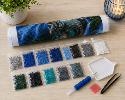 Rolled canvas and supplies for the mystical wolf kit, including drill packets, applicator pen, tray, and wax pad | Azurra Shop