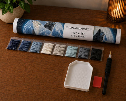 Rolled canvas and supplies for the wolf spirit kit, including drill packets, applicator pen, and wax pad | Azurra Shop