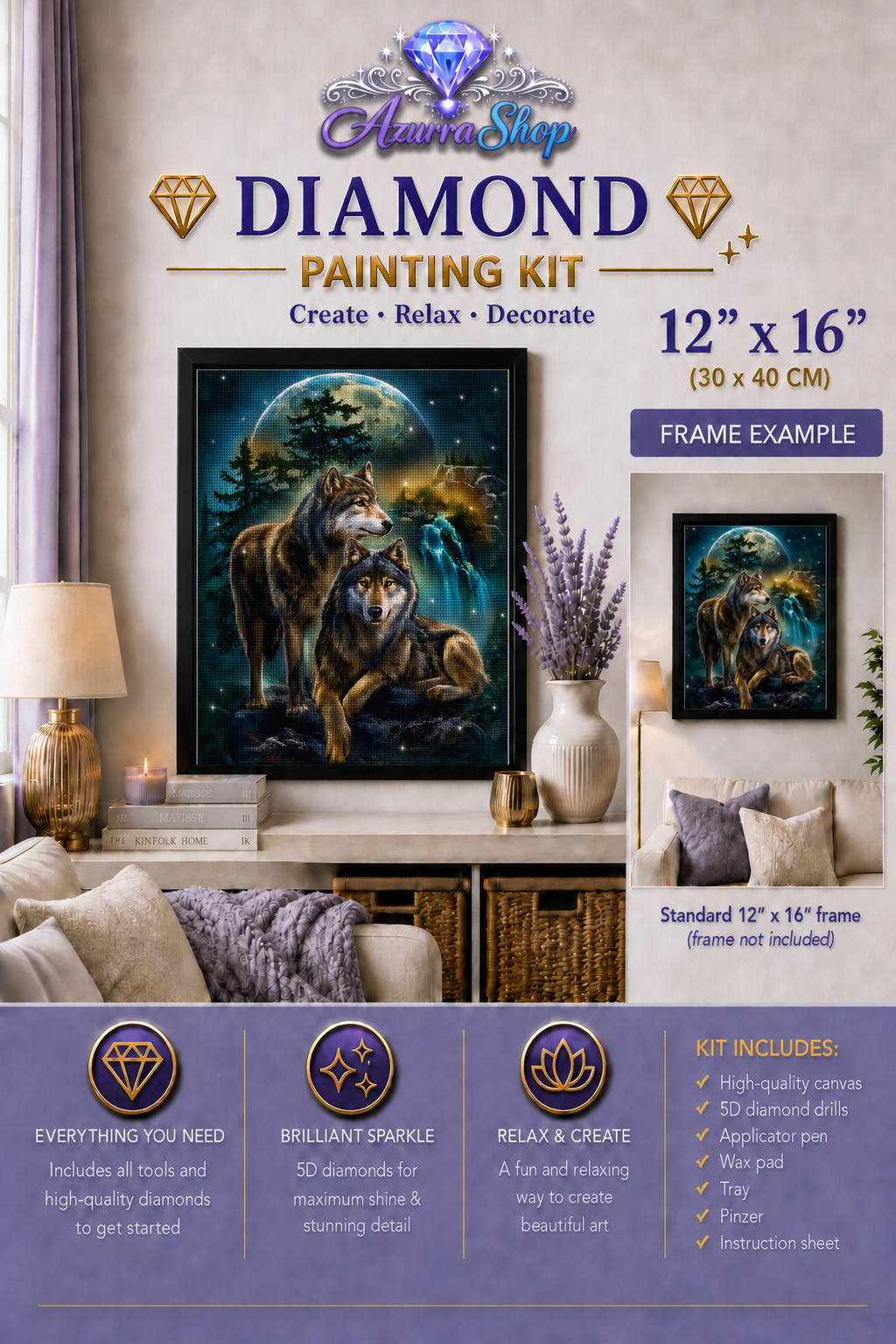 Wolf Pair Moonlit Waterfall Diamond Painting Kit