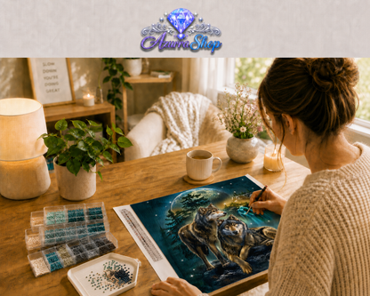 Wolf Pair Moonlit Waterfall Diamond Painting Kit