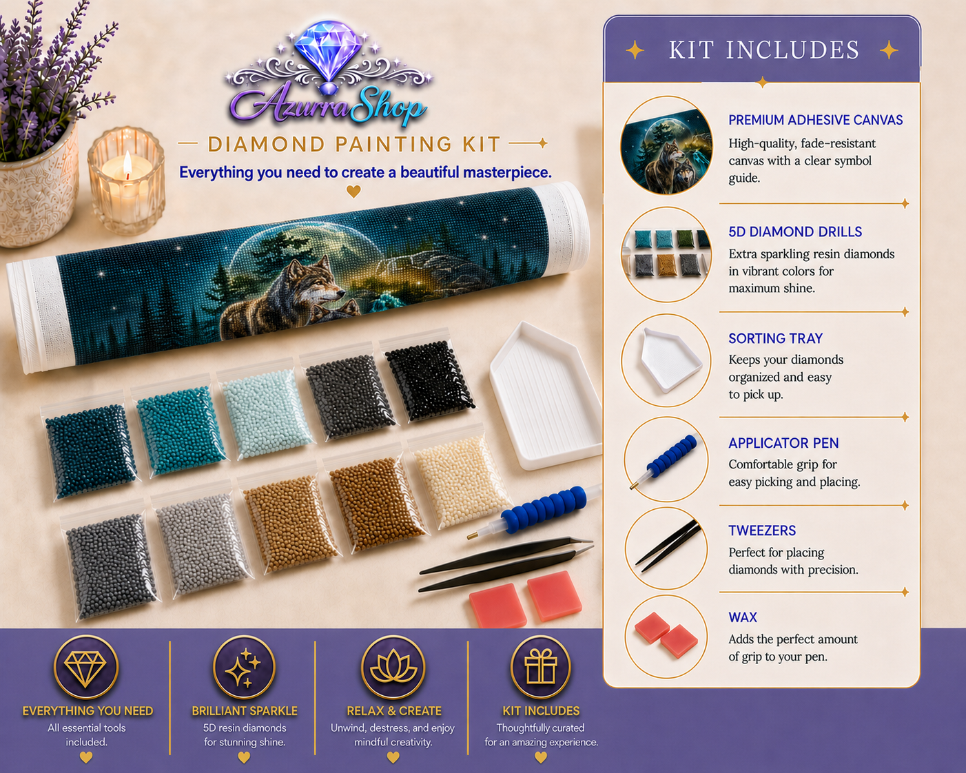 Wolf Pair Moonlit Waterfall Diamond Painting Kit