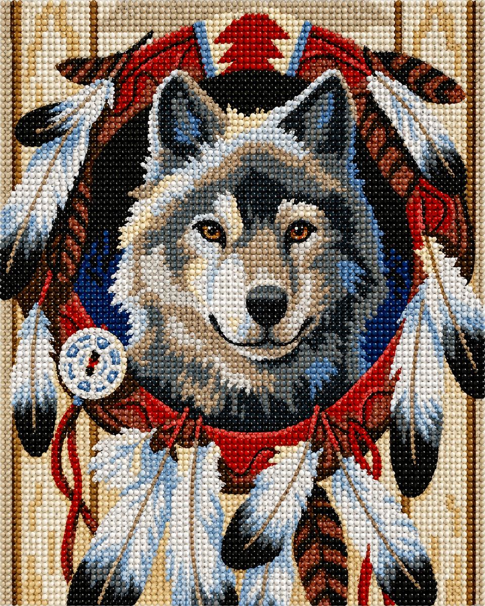 Close up of the finished wolf and red feather dreamcatcher diamond painting | Azurra Shop