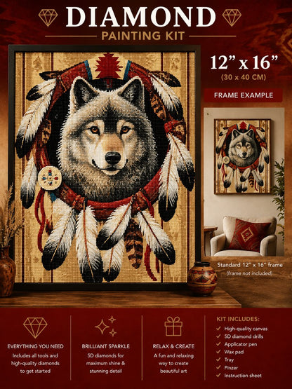 Framed wolf and dreamcatcher diamond painting displayed on a cream wall above an armchair | Azurra Shop